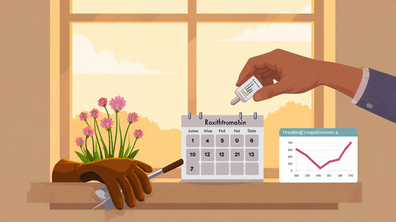 A pill organizer with roxithromycin next to gardening tools and blooming flowers