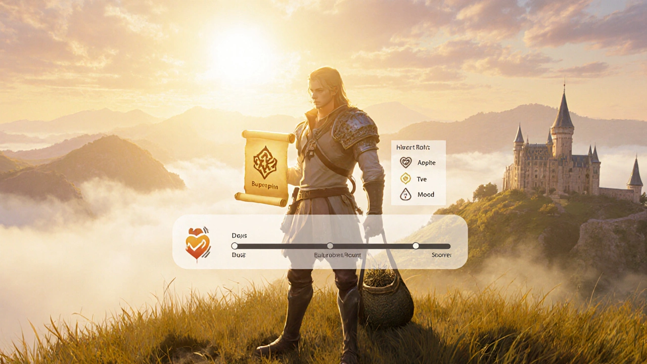 Adventurer on a sunrise hill holding a glowing bupropion scroll with a progress UI.