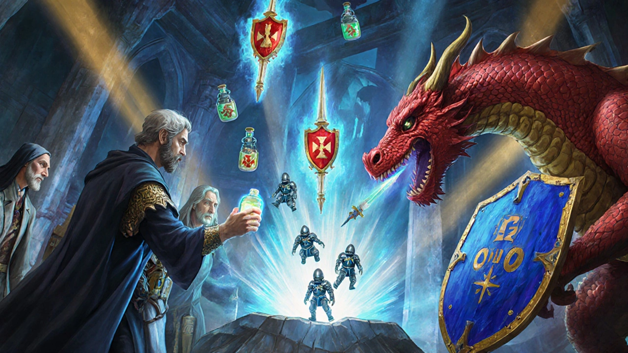 Alchemists crafting glowing CAR‑T knights and antibody weapons fighting a lymphoma dragon.