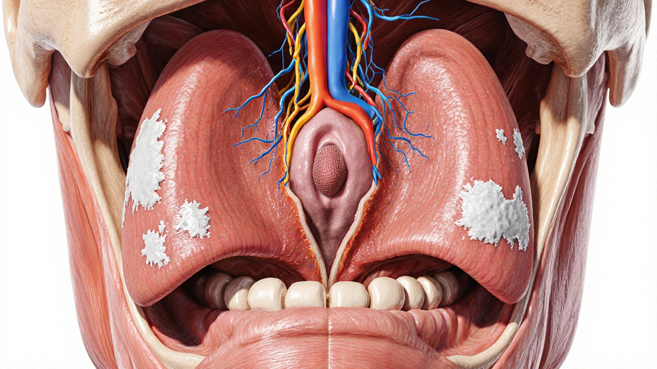 Anatomical cross‑section showing inflamed tonsils and a swollen cervical lymph node.