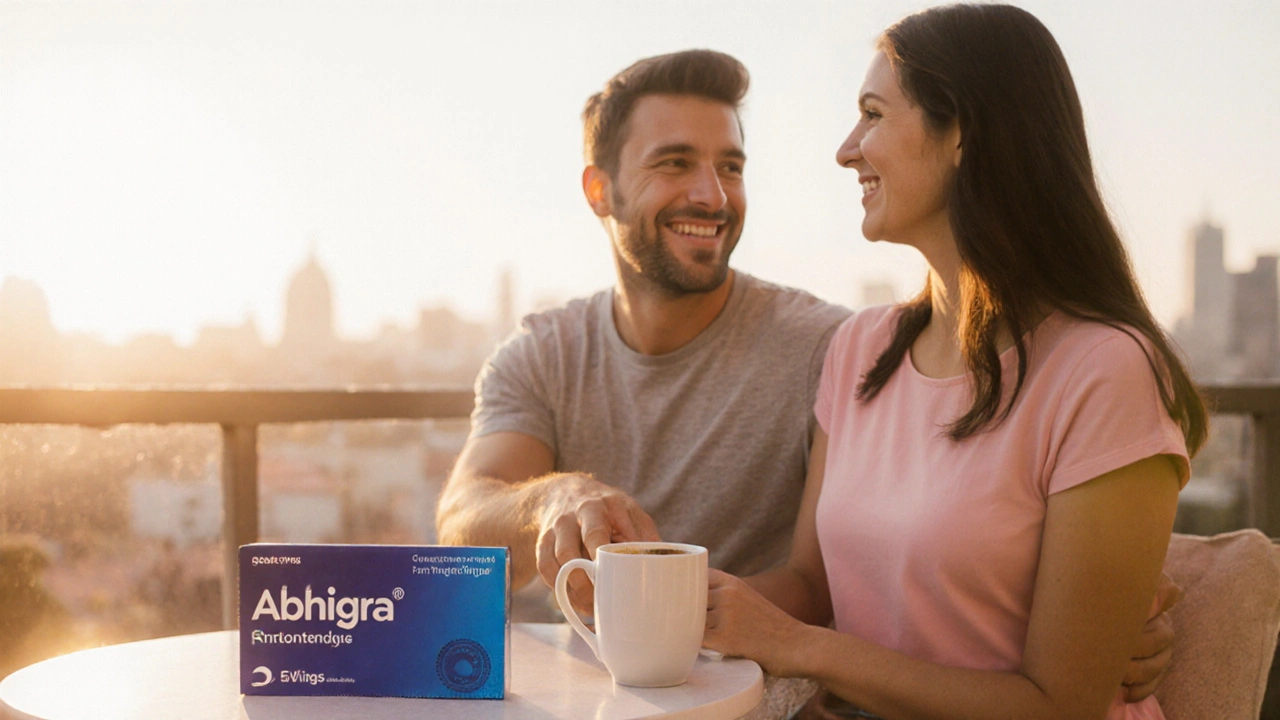 Couple enjoying sunrise on a balcony, with a blue pill blister pack on the table.