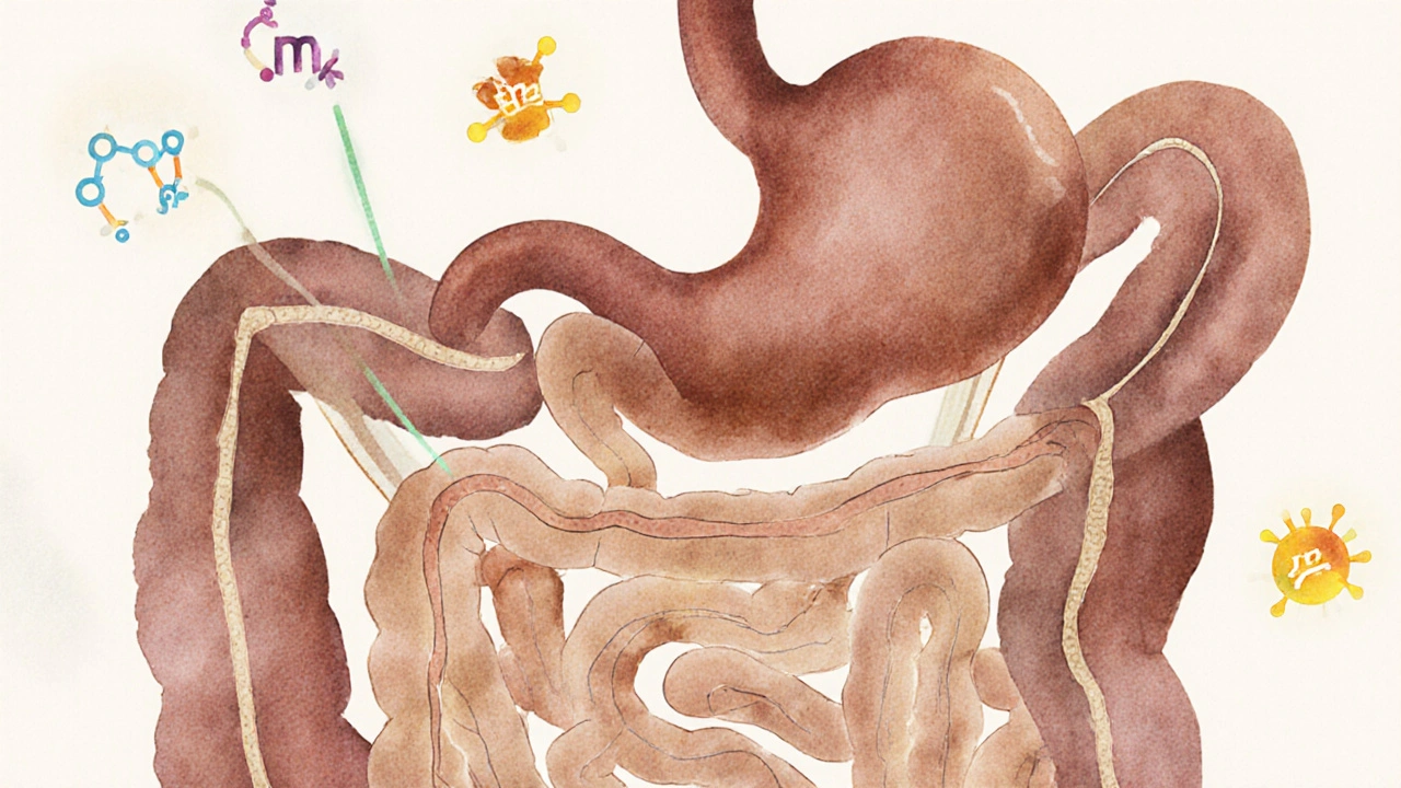 Cross‑section of an aging digestive system showing reduced acid and nutrient absorption.