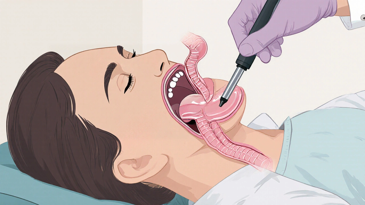 Doctor performing endoscopy on patient, showing esophagus and stomach interior.