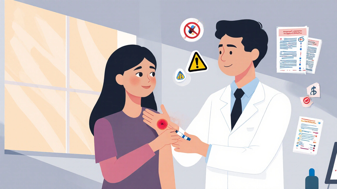 Doctor performing skin test for cefprozil allergy on patient's arm