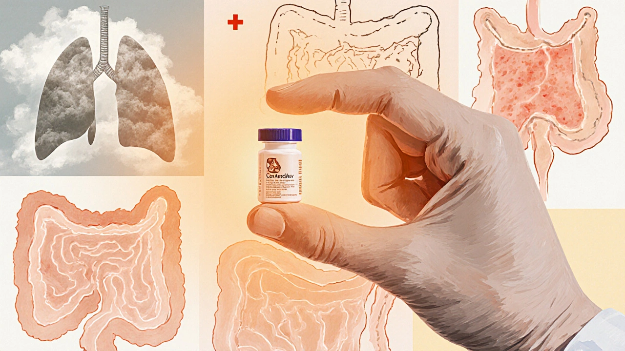 Doctor’s hand holding Co‑Amoxiclav tablet over images of lung, skin, and urinary infections.