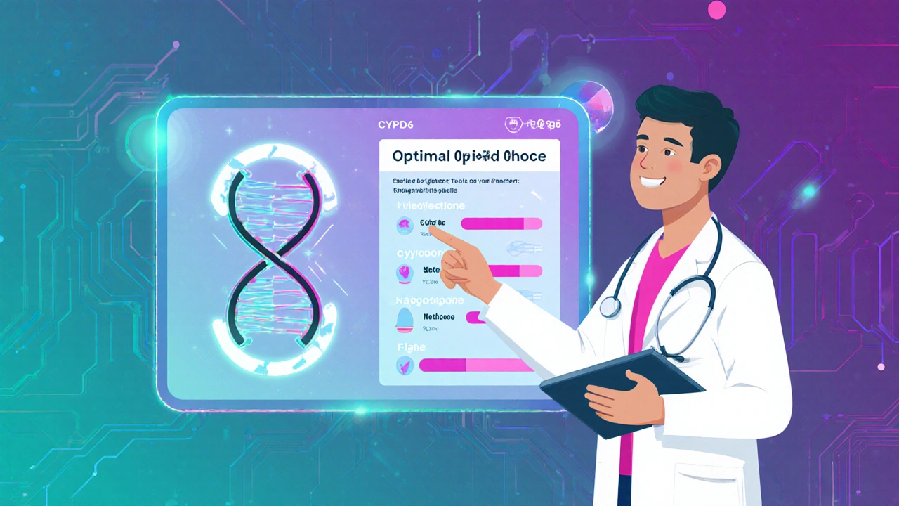 Doctor uses a holographic gene and AI panel to select the optimal opioid.