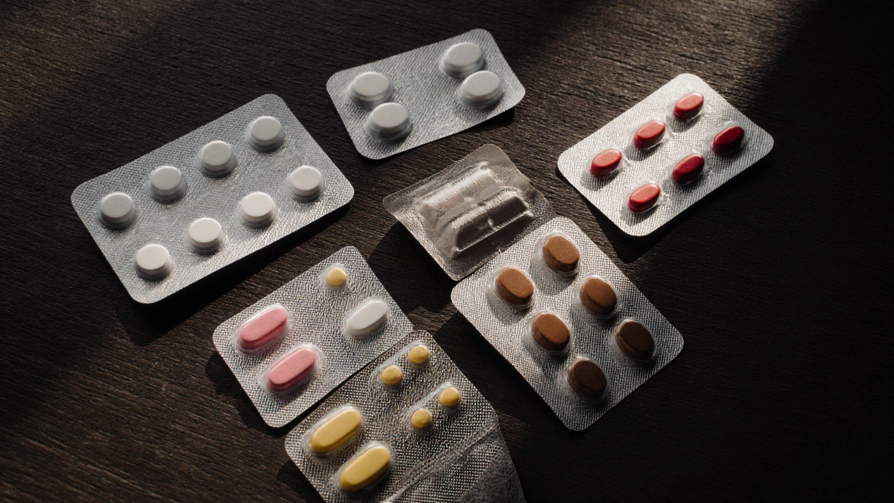 Five antibiotic blister packs arranged on a wooden table, highlighting their varied colors.