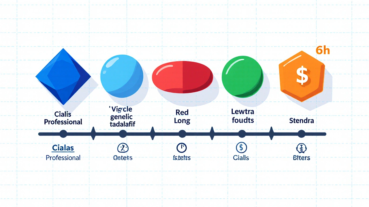 Five cartoon pills on timeline bars showing onset and duration.