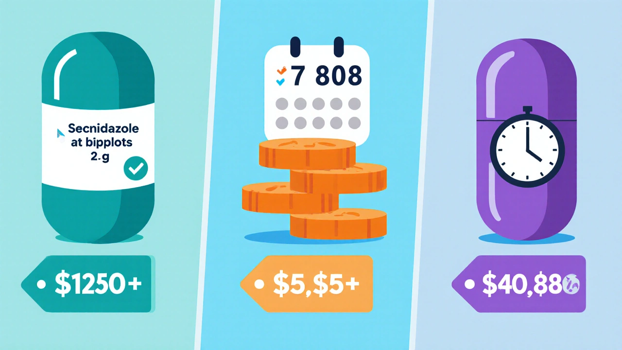 Flat cartoon comparison of Secnidazole, Metronidazole, and Tinidazole pills with dosage and price icons.
