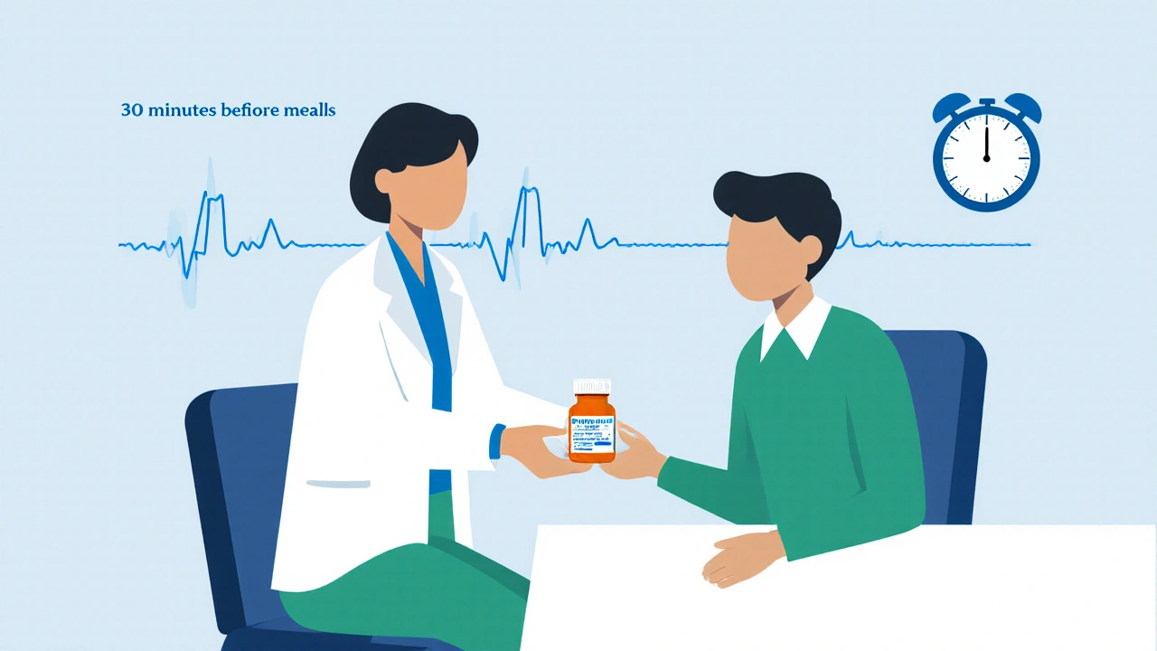 Flat cartoon of a doctor giving a pill bottle with a heart monitor in the background.