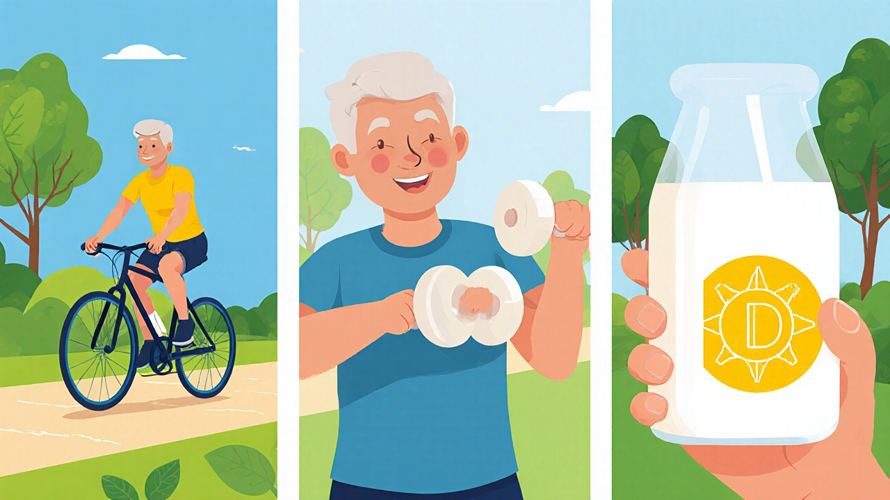 Flat cartoon of a person cycling, weight‑lifting, and drinking fortified milk promoting bone and joint health.