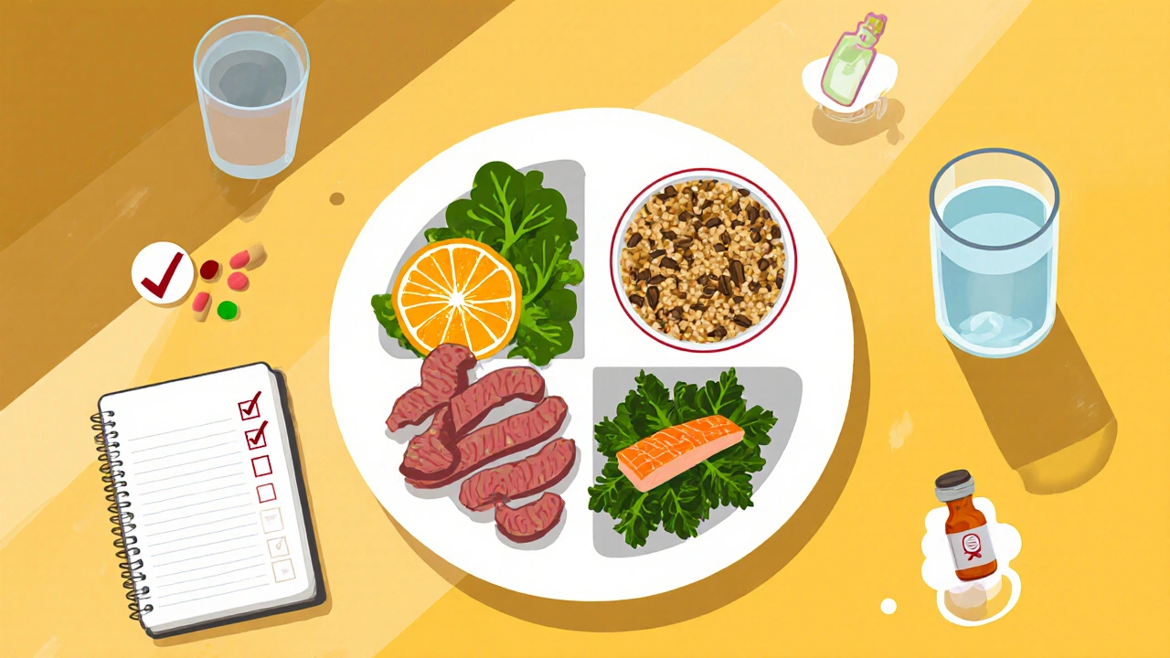 Flat illustration of a balanced plate with iron, B12, folate, and zinc foods.