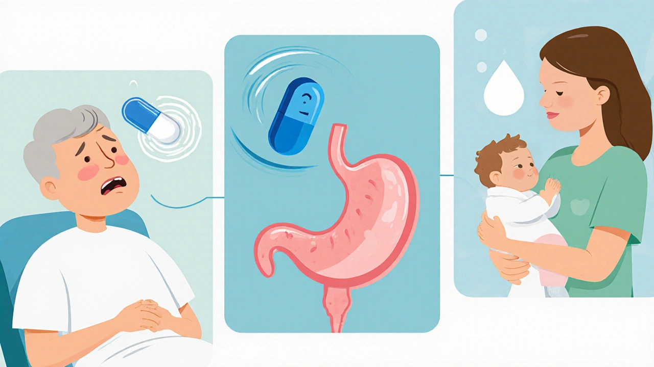 Flat illustration of chemo patient, gastroparesis patient, and breastfeeding mother with a pill.