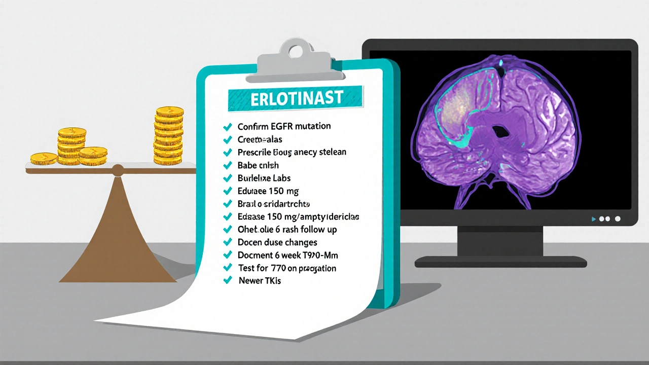 Flat illustration of clinician checklist, cost vs CNS balance, and CT scan showing response.