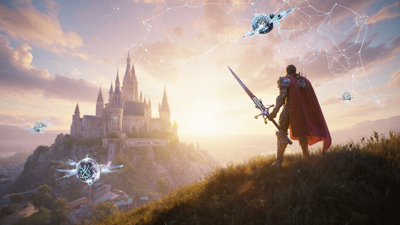 Hero overlooking a citadel of clinical trials with AI drones and CRISPR sword, hopeful sunrise.