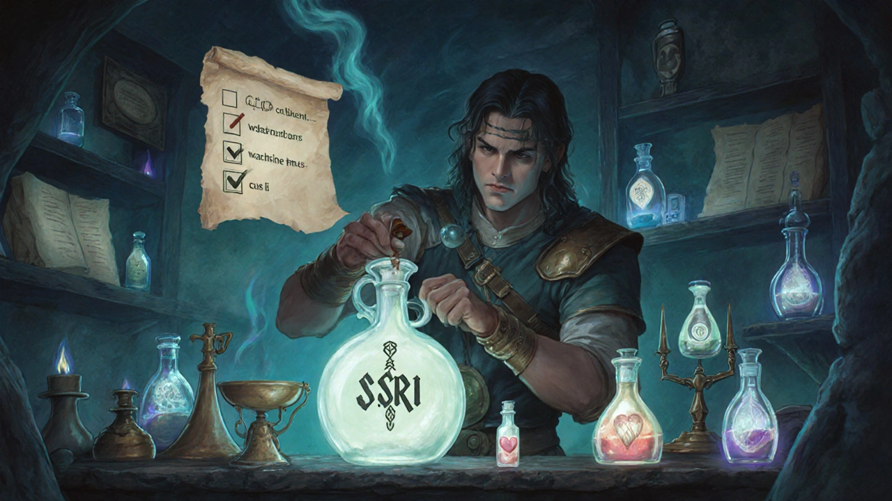 Hero tapering potion in an alchemist workshop, surrounded by medical tools.