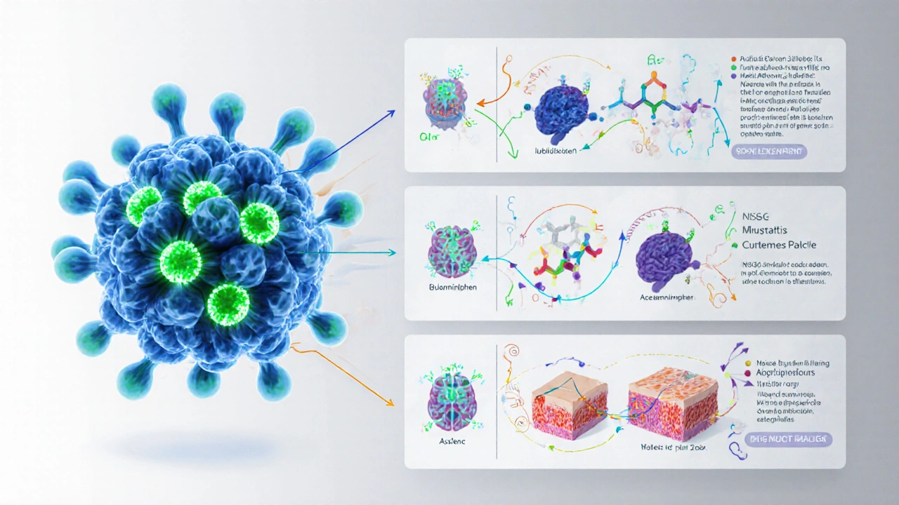 Illustrated molecular models showing how naproxen, ibuprofen, acetaminophen, aspirin, and diclofenac work.