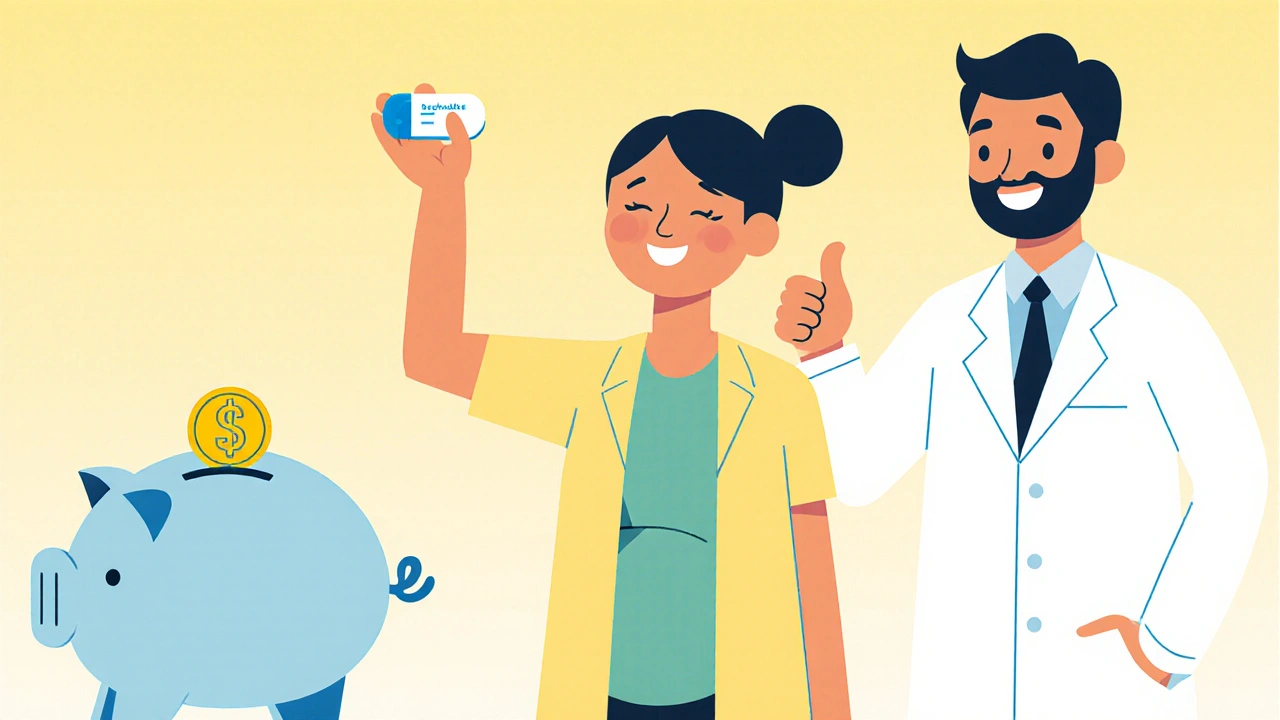 Illustration of a happy patient holding a Secnidazole tablet, with pregnancy and cost symbols.