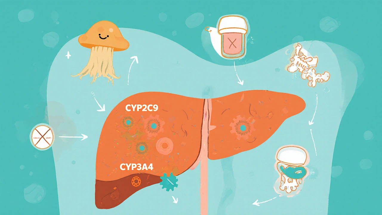 Illustration of liver enzymes interacting with diabetes pills and a fungus cell.