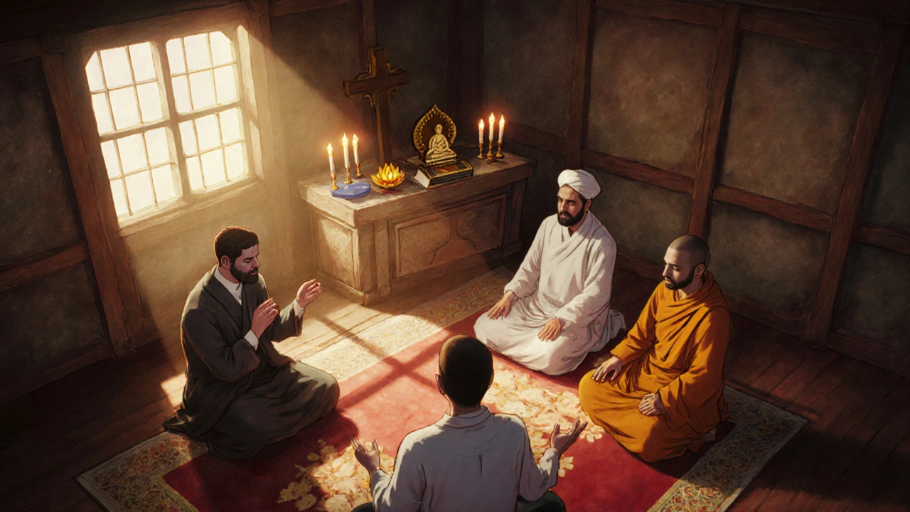 Interfaith support circle with a pastor, imam, and monk offering comfort around a candlelit altar.