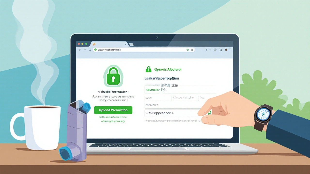 Laptop screen showing a secure pharmacy site with a hand entering a promo code beside an inhaler.