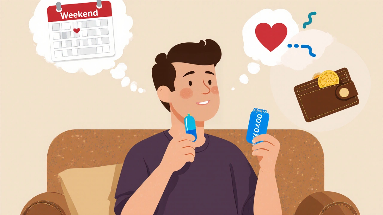 Man on couch with thought bubbles about weekend, budget, and health.