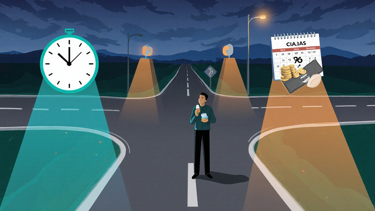 Man standing at a three‑path intersection, each path symbolizing speed, duration, and cost.
