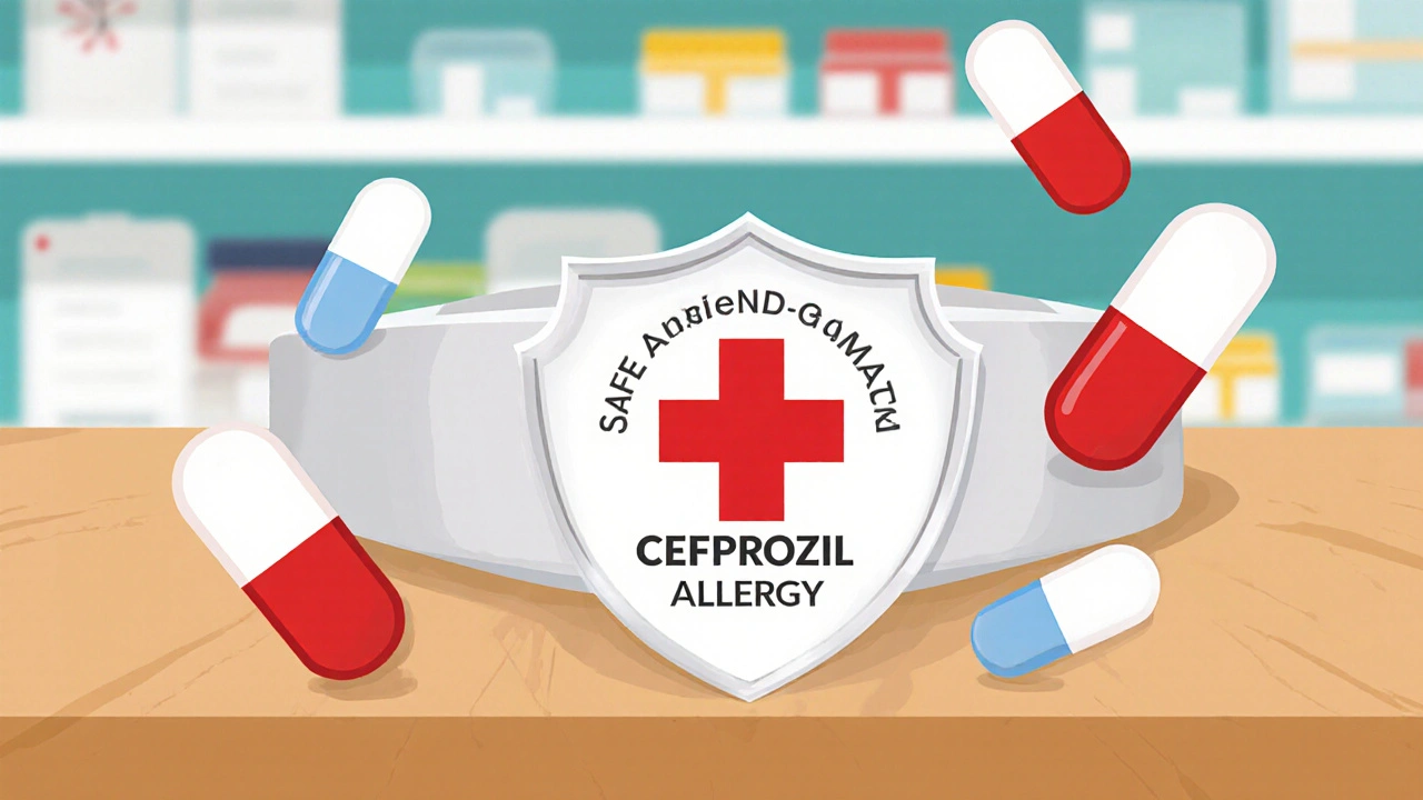 Medical alert bracelet with cefprozil allergy warning and alternative antibiotics