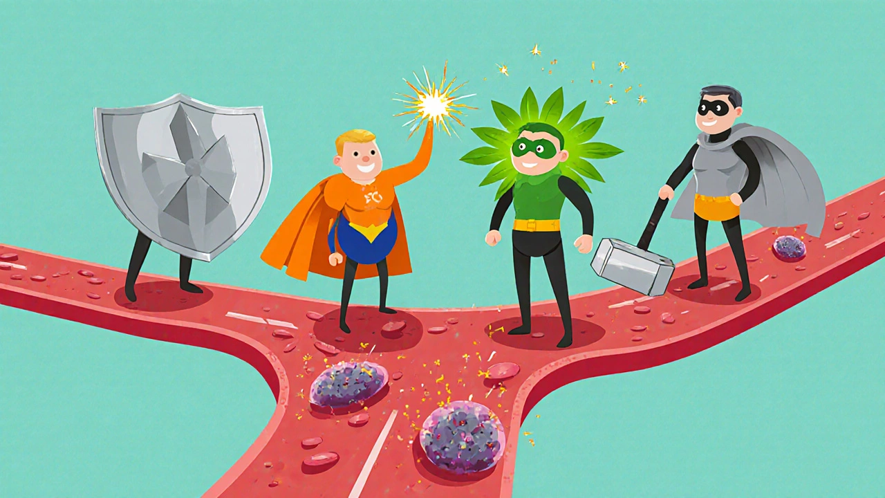 Nutrient superheroes protecting mast cells in a bloodstream illustration.