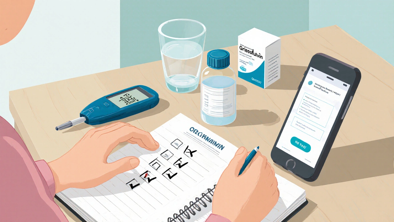 Patient at home with checklist, glucose meter, and medication bottles.