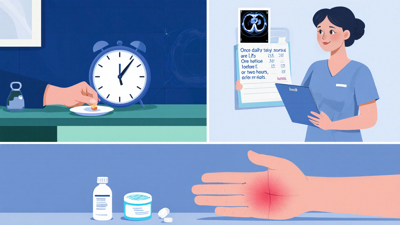 Patient taking erlotinib on an empty stomach while nurse reviews labs and rash care items.