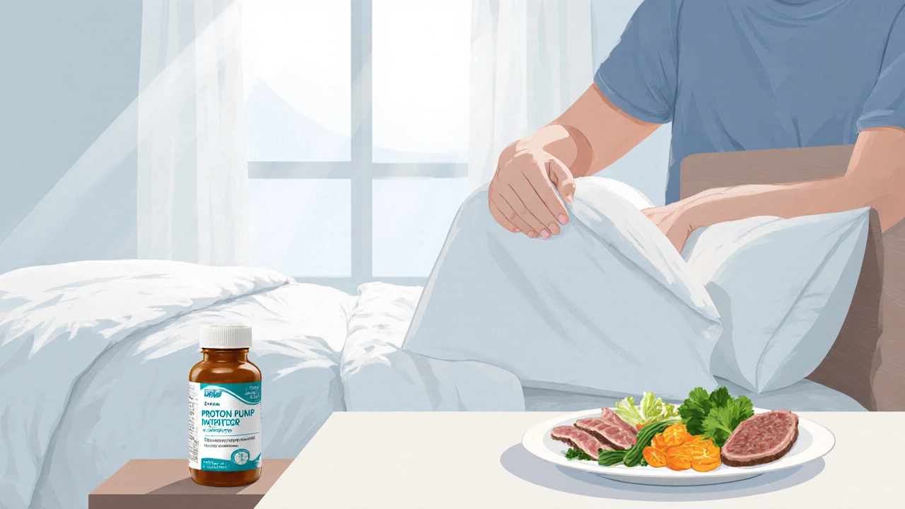 Person adjusting bed pillow, pills on nightstand, healthy meal on counter representing GERD management.