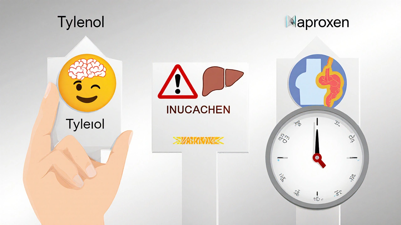 Person choosing between pain relief options: Tylenol, ibuprofen, and naproxen, each with symbolic warnings for liver, stomach, and duration.