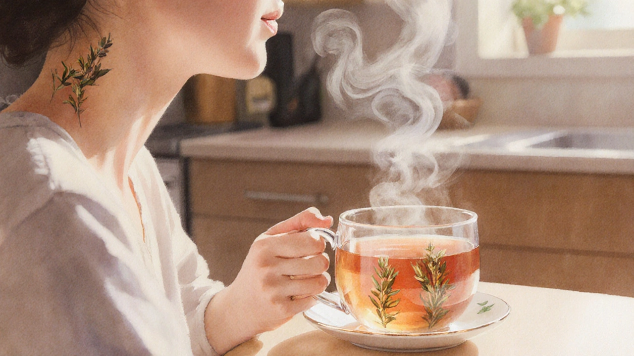 Person drinking tea at home, with a subtle illustration of a reduced neck lump.