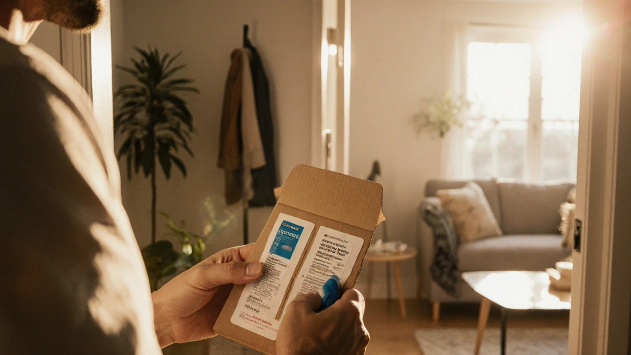 Person opening a delivery box at home, revealing a generic albuterol inhaler.
