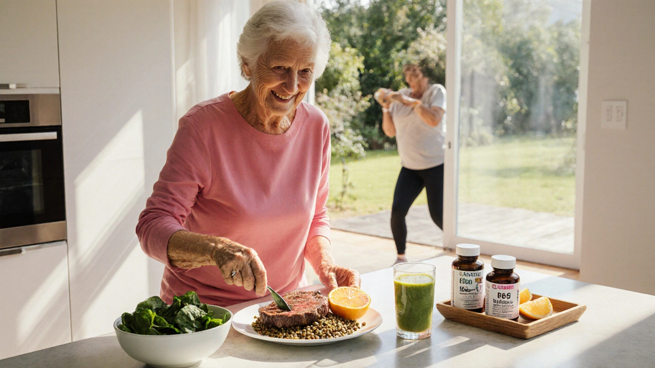 Senior woman prepares iron‑rich foods, supplements, and exercises in a sunny kitchen.