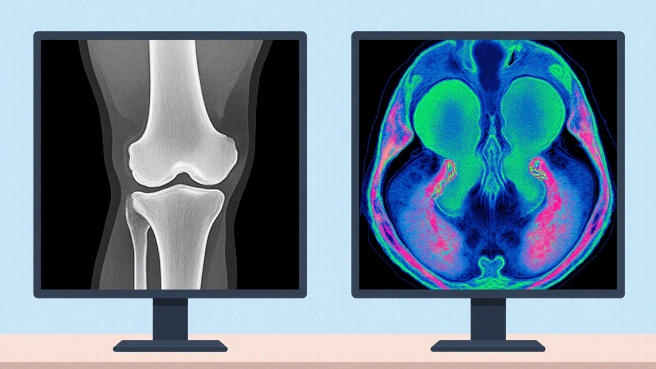 Side‑by‑side flat illustration of an X‑ray and an MRI of a knee highlighting osteoarthritis changes.