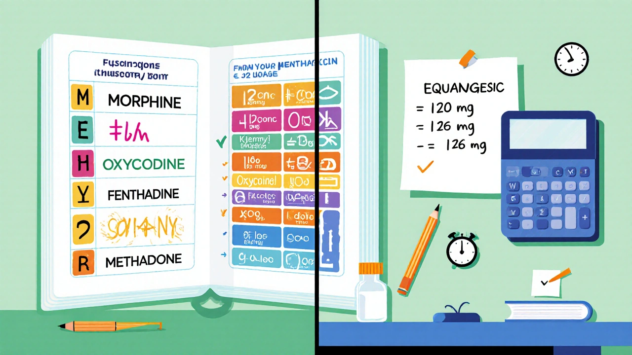 Split view of an equianalgesic table and dosage calculation notes on a pharmacist's desk.
