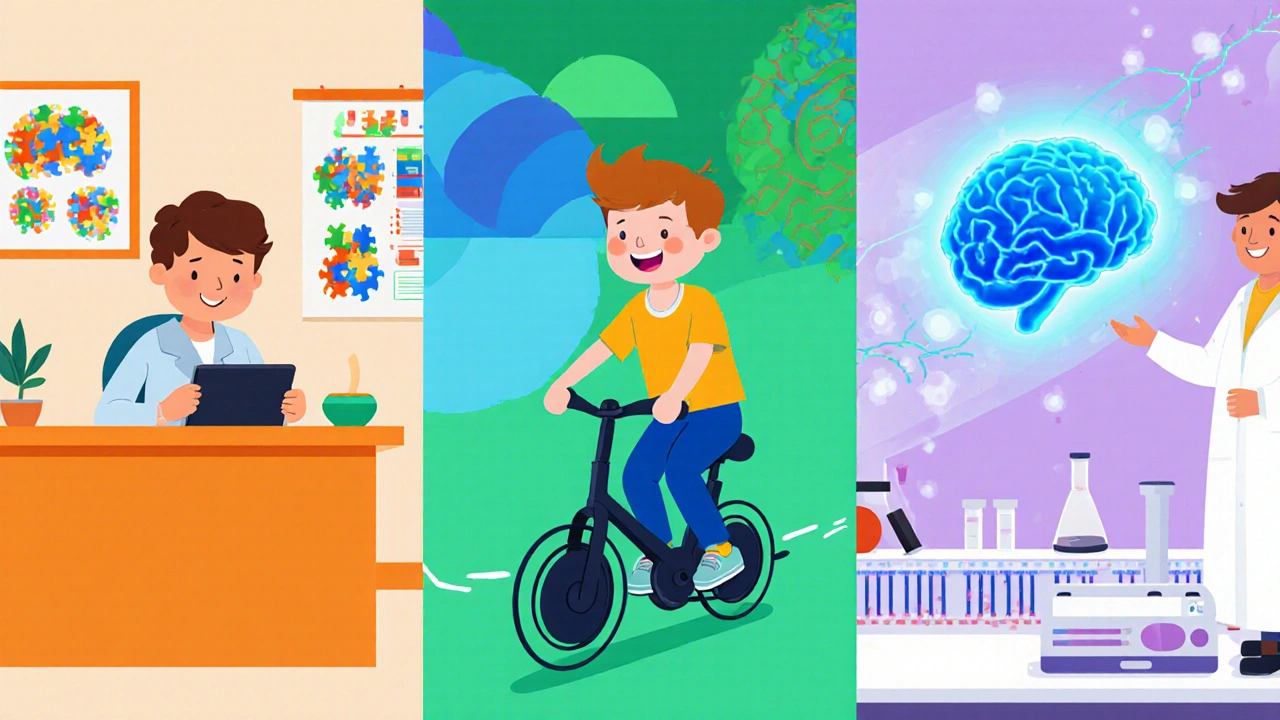 Three‑panel scene of neuropsych testing, aerobic exercise, and gene therapy vector.