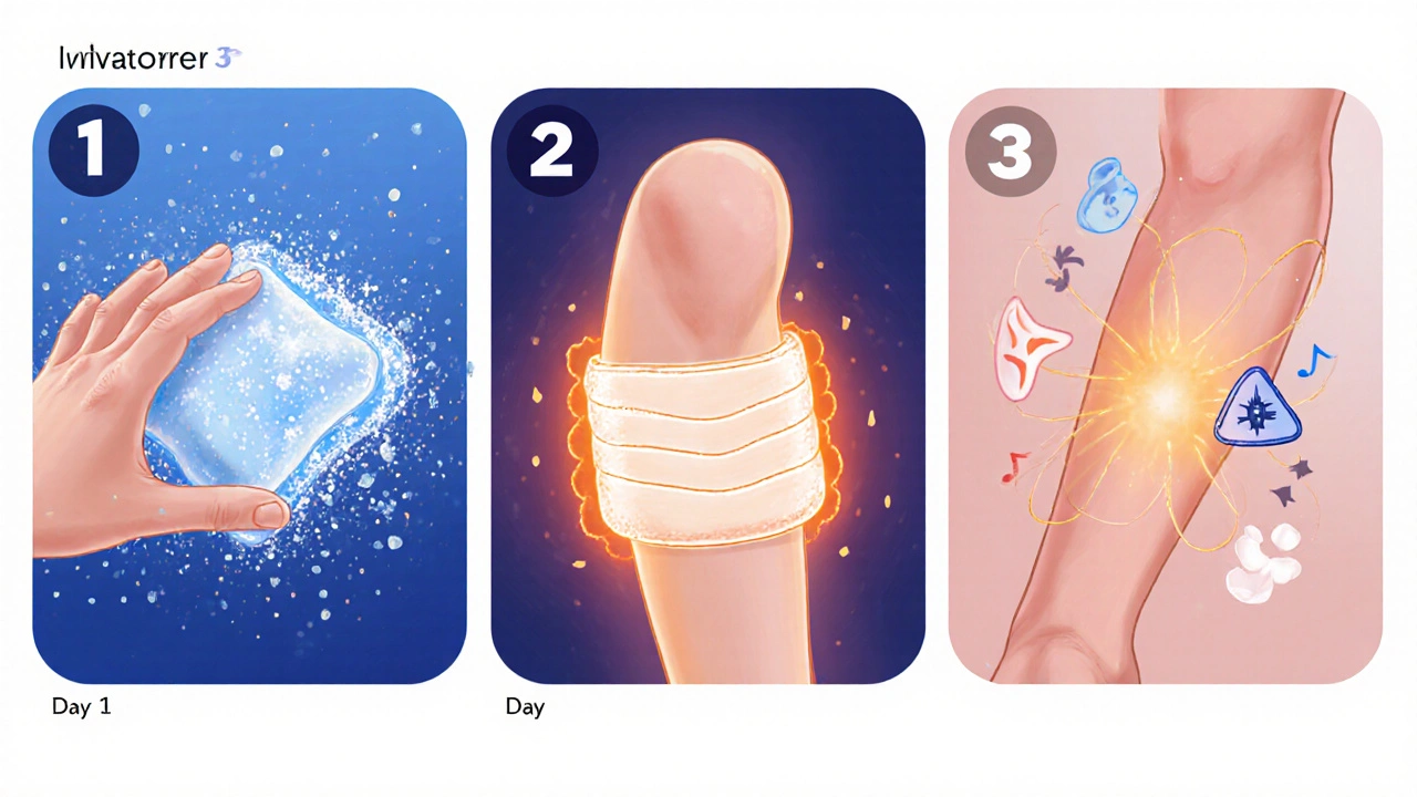 Three‑panel sequence showing cold treatment day 1, heat treatment day 2, and alternating therapy day 3.