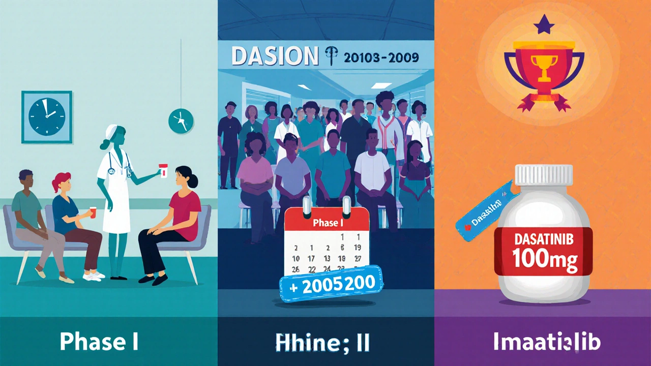 Three panels showing Phase I, Phase II, and Phase III Dasatinib clinical trials progression.