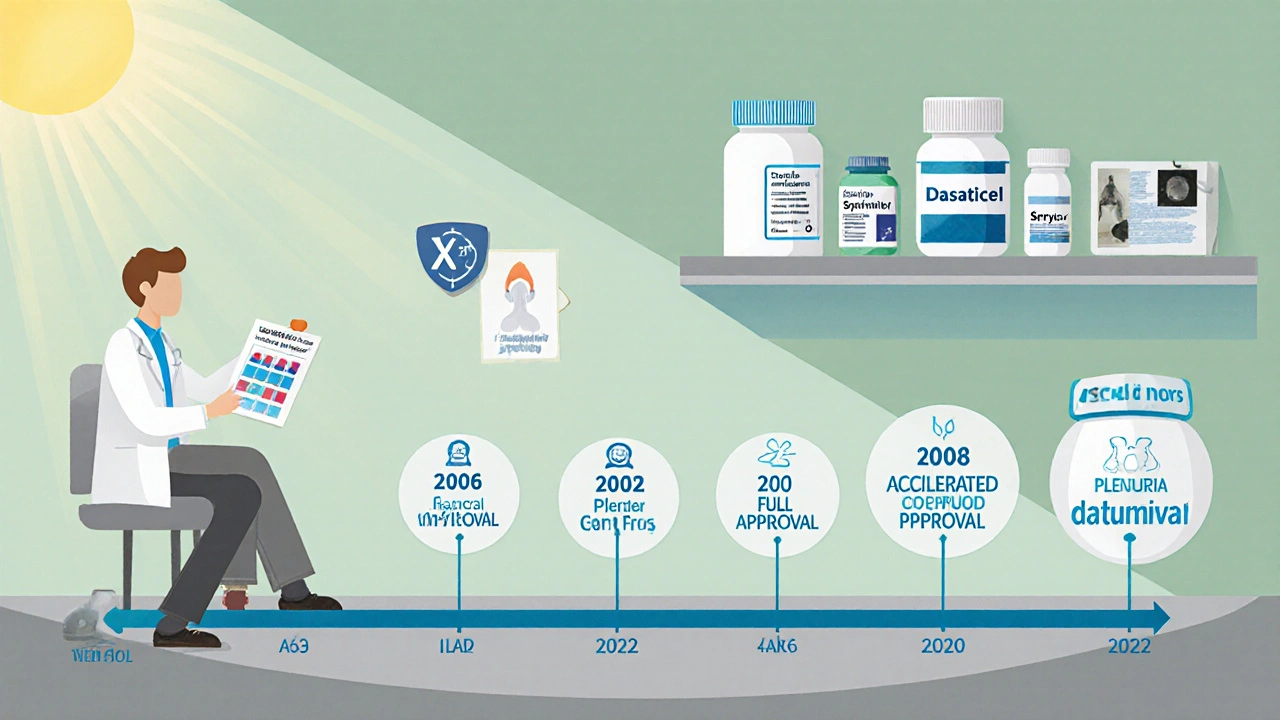 Timeline of FDA milestones, pharmacy shelf with brand and generic pills, and doctor consulting patient.