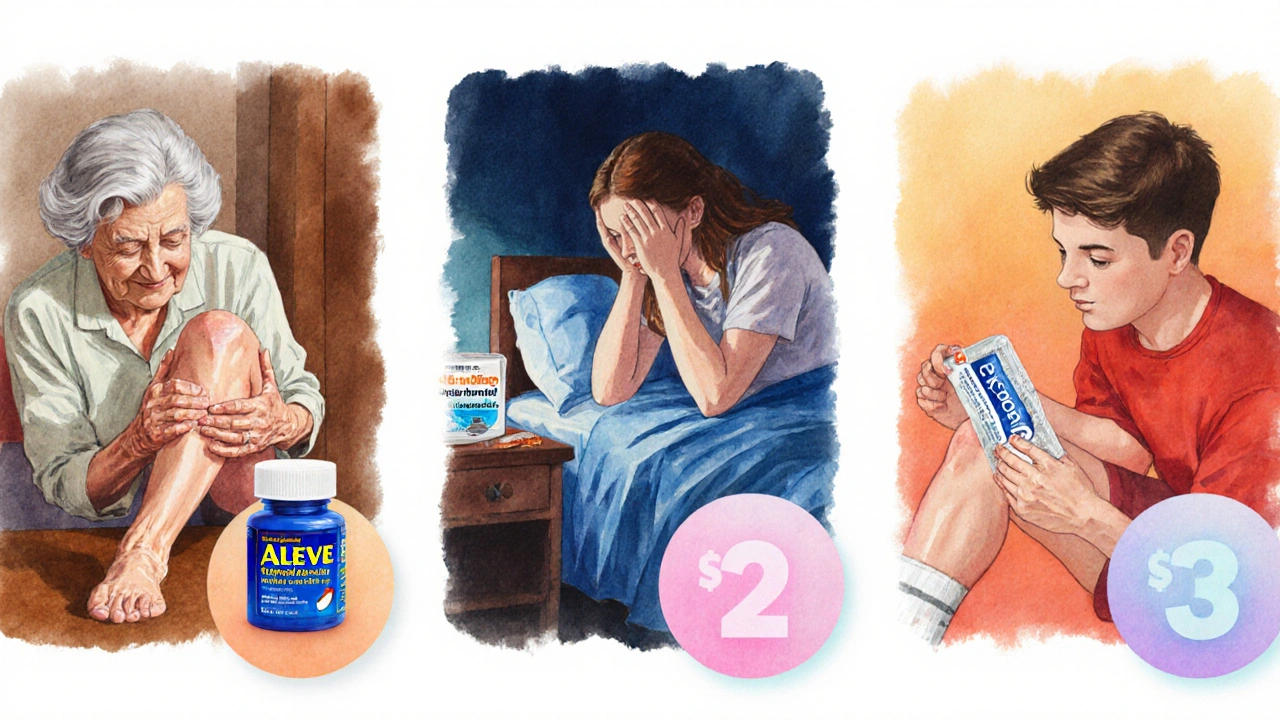 Watercolor scenes of knee arthritis, migraine, and tendonitis with corresponding OTC medicines.