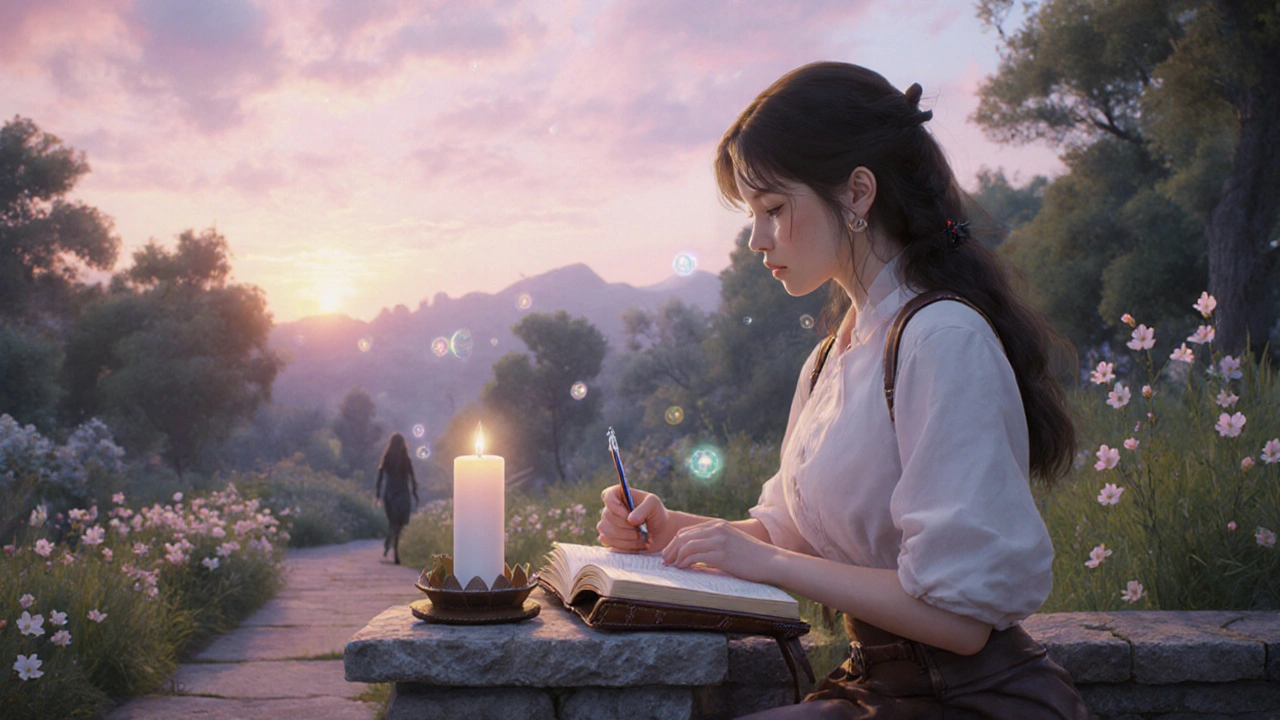 Woman lighting a candle, writing in a journal, and walking in a sunrise garden, reflecting peacefully.