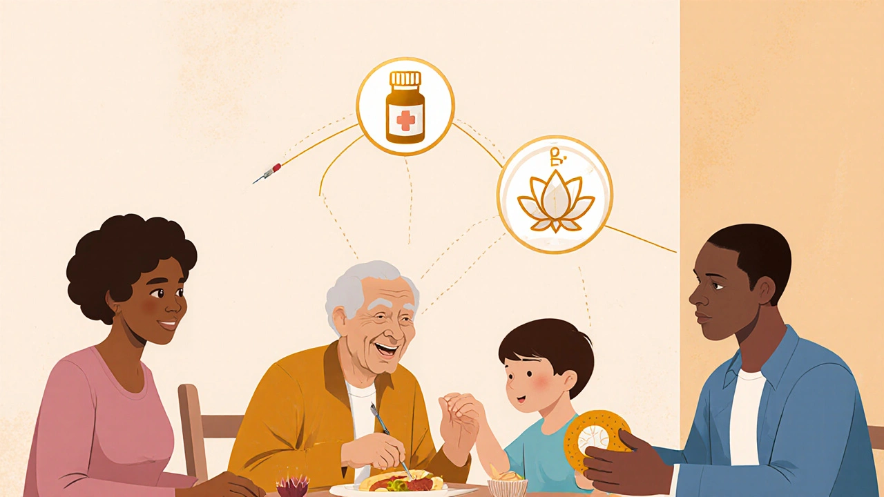 A family at dinner with a patient receiving comfort, surrounded by icons of pain management tools.