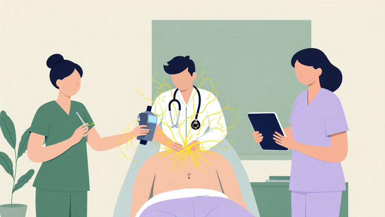 A medical team performing a nerve block with ultrasound, acupuncture, and mindfulness app in a calm clinic.