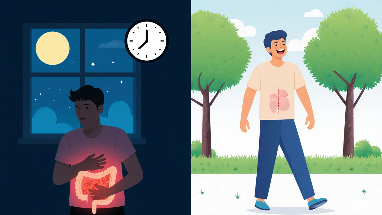 Before and after: person in pain at night versus healthy and walking in daylight after gallbladder surgery.