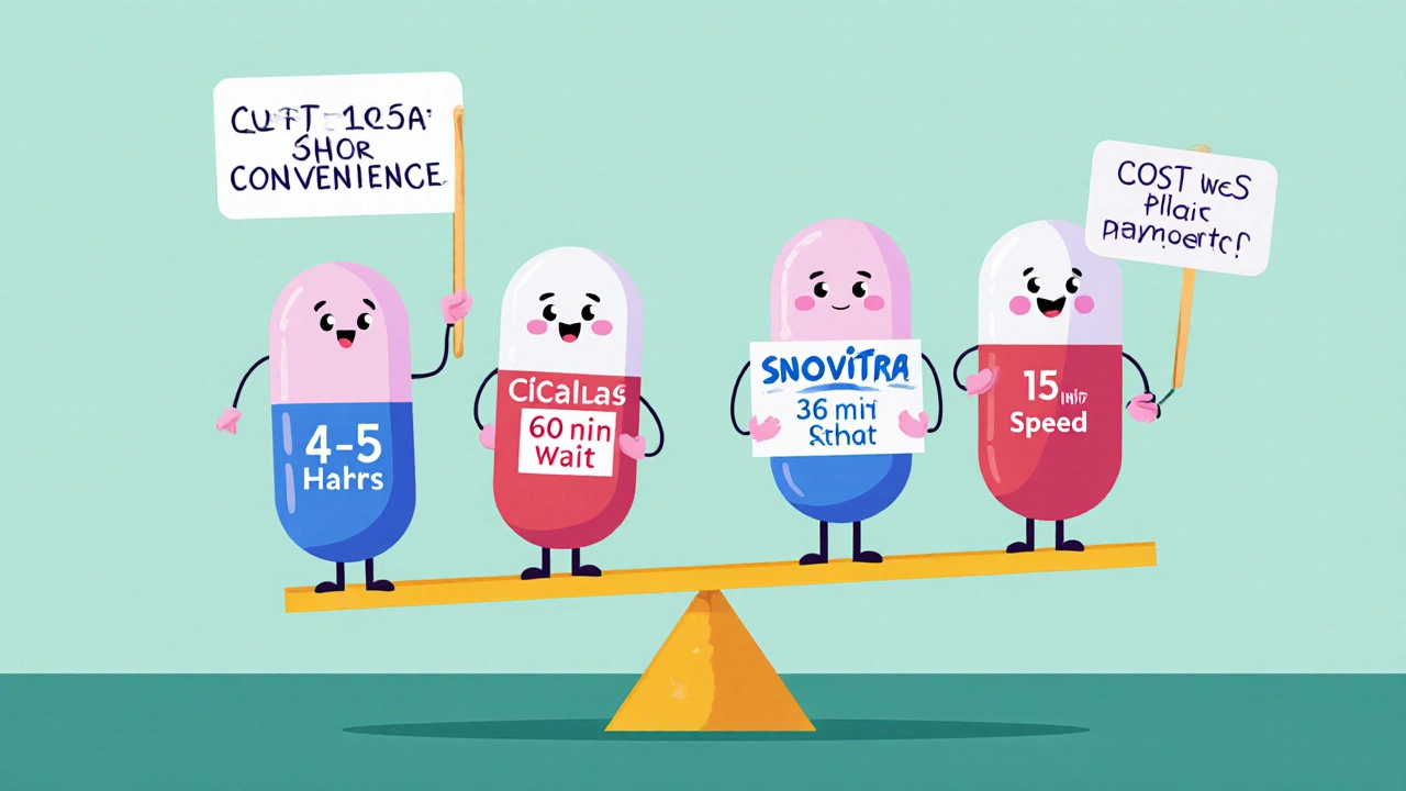 Cartoon pills comparing duration, speed, and cost of ED medications
