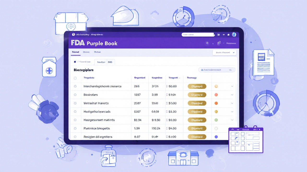 Digital FDA Purple Book dashboard showing approved biosimilars and interchangeability status