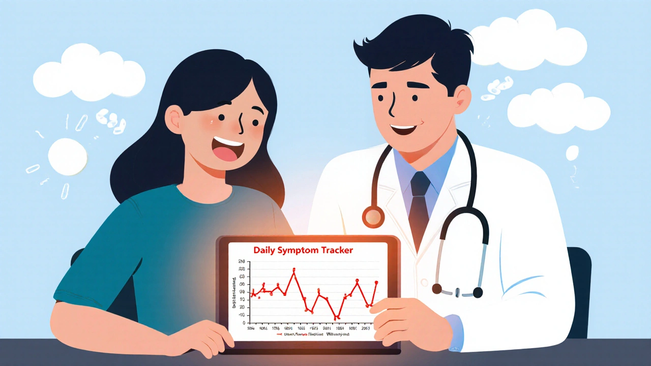 Doctor and patient reviewing a symptom tracker graph showing identical pain levels for statin and placebo.